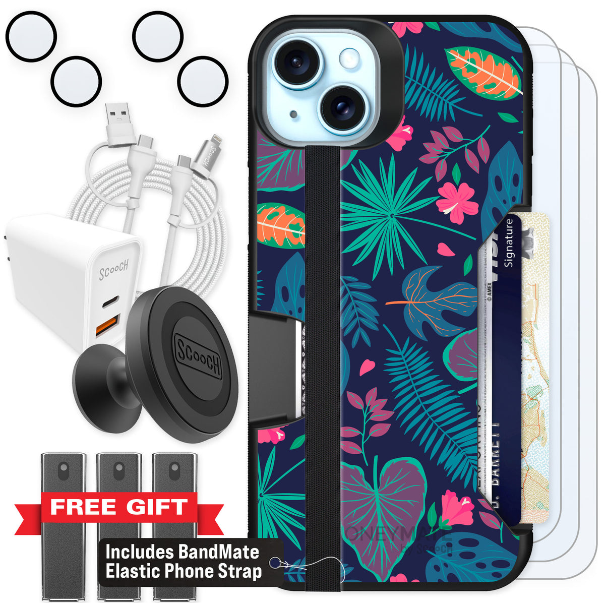 Scooch Moneymate Tropical Leaves for iPhone 14 Plus — Ultimate Bundle