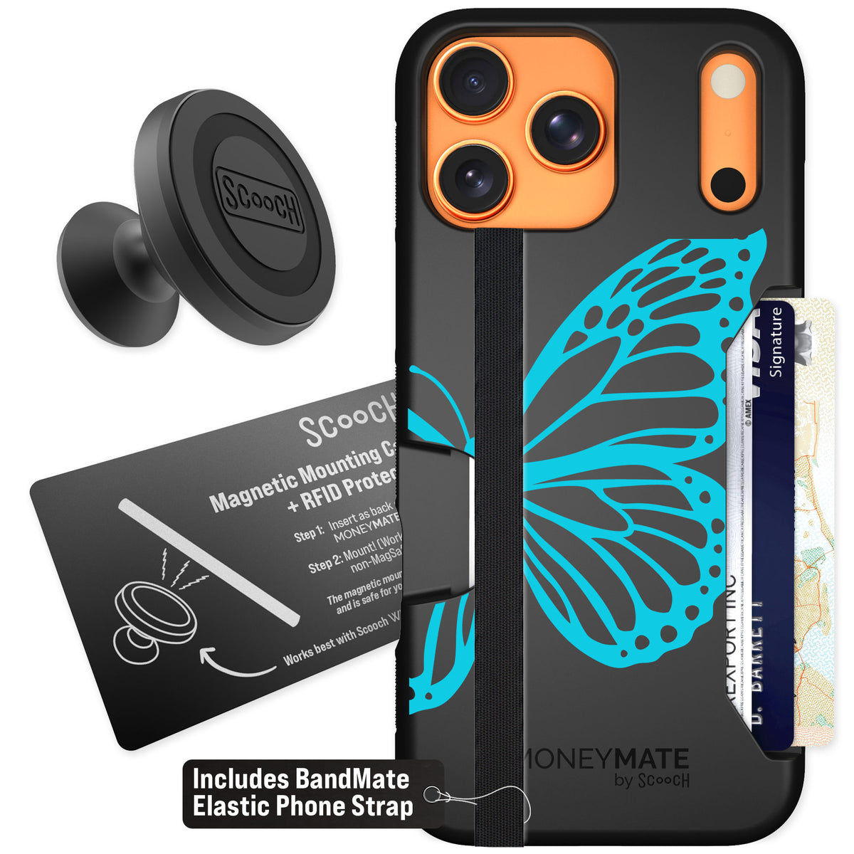 Scooch Moneymate Azure Butterfly for iPhone 17 Pro Max — Starter Bundle