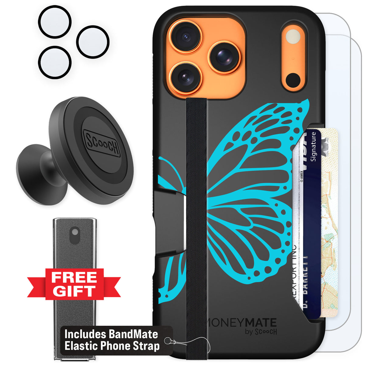 Scooch Moneymate Azure Butterfly for iPhone 17 Pro Max — Defender Bundle