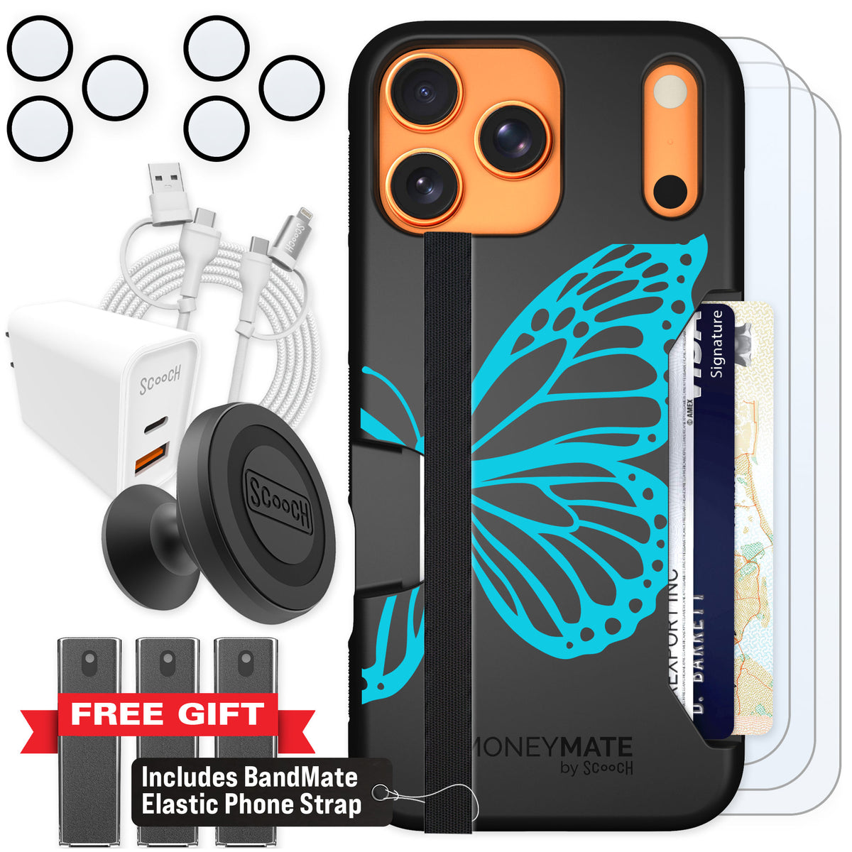 Scooch Moneymate Azure Butterfly for iPhone 17 Pro Max — Ultimate Bundle