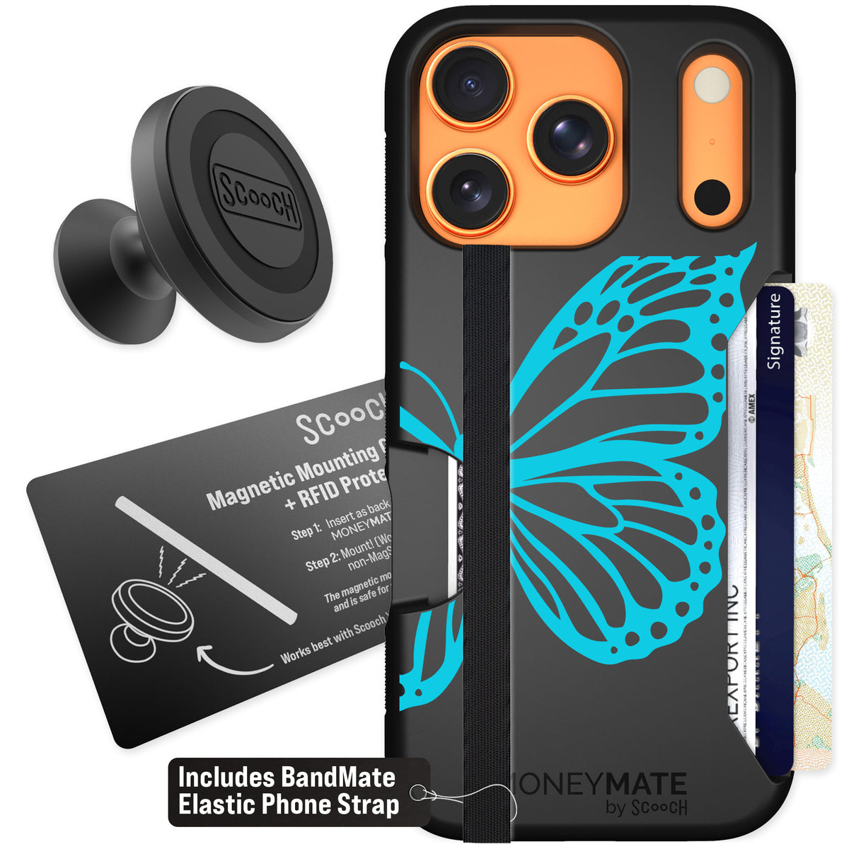 Scooch Moneymate Azure Butterfly for iPhone 17 Pro — Starter Bundle