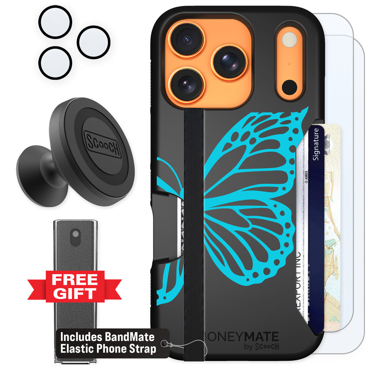 Scooch Moneymate Azure Butterfly for iPhone 17 Pro — Defender Bundle