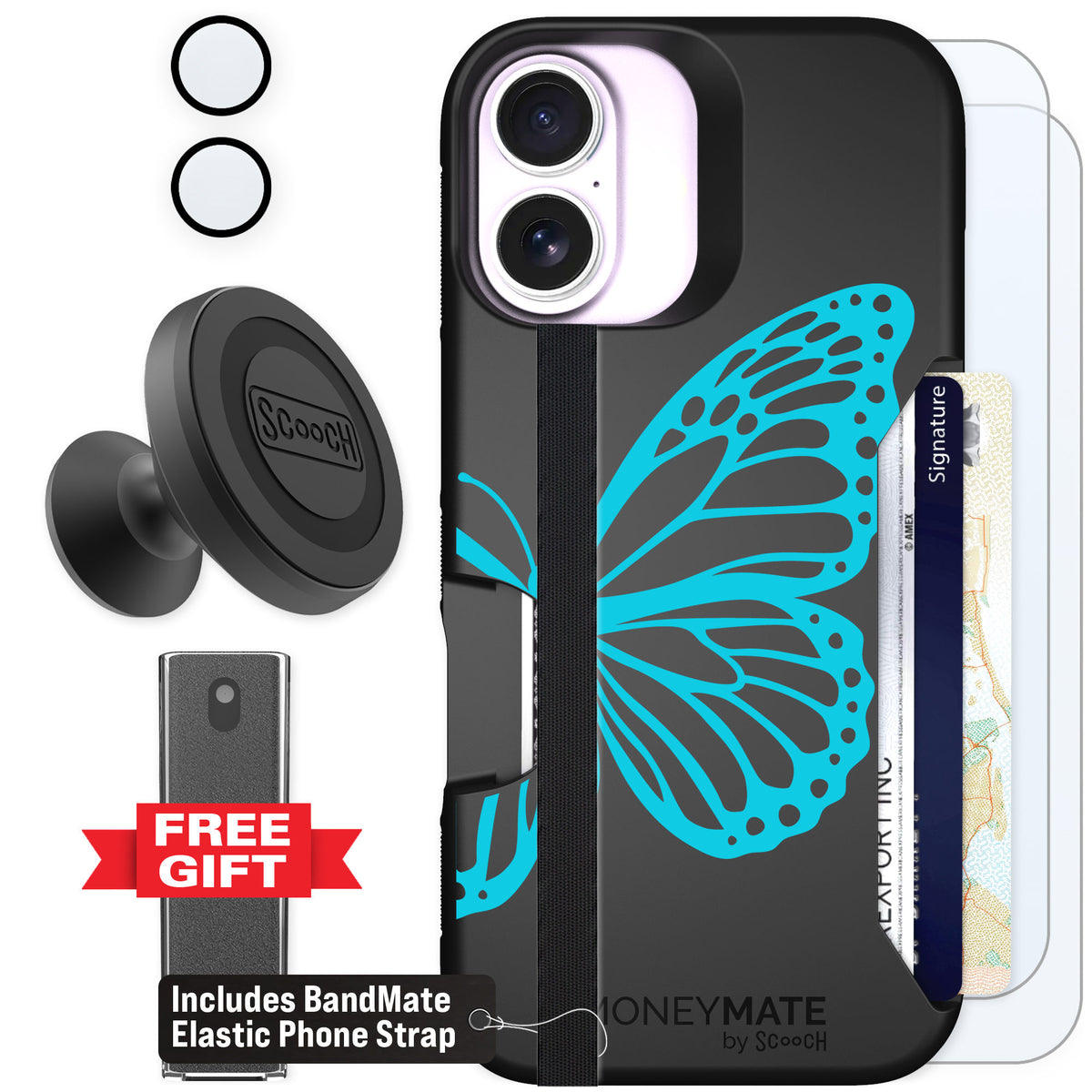 Scooch Moneymate Azure Butterfly for iPhone 17 — Defender Bundle