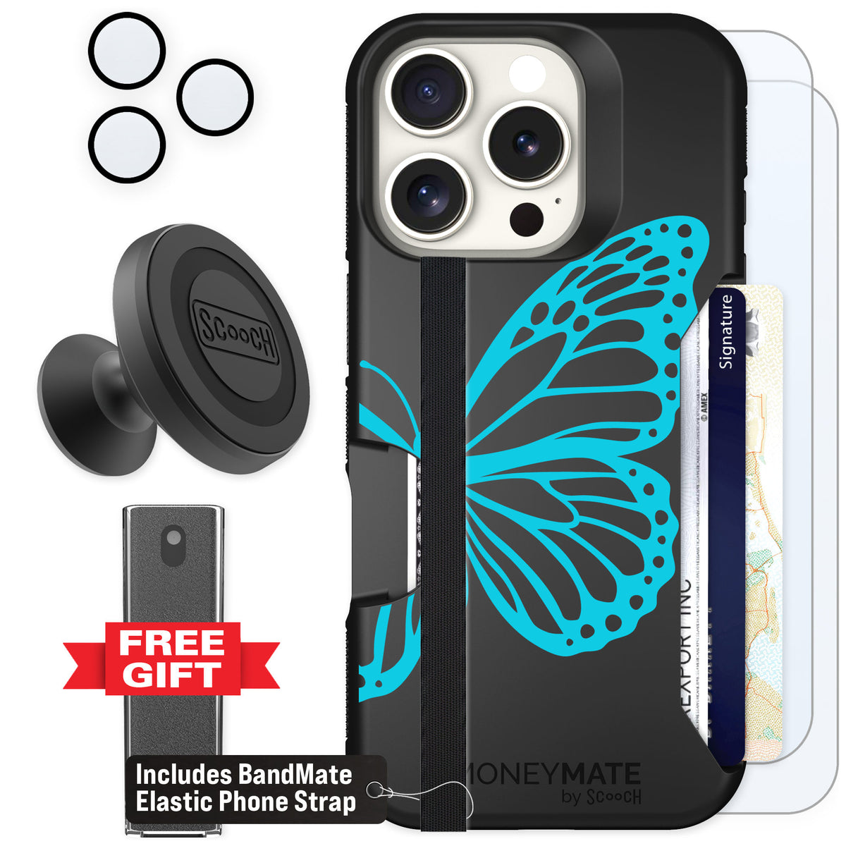 Scooch Moneymate Azure Butterfly for iPhone 16 Pro — Defender Bundle