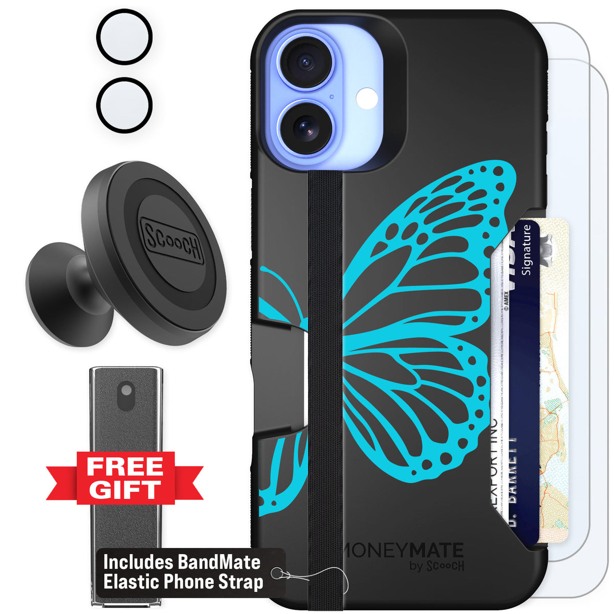 Scooch Moneymate Azure Butterfly for iPhone 16 Plus — Defender Bundle