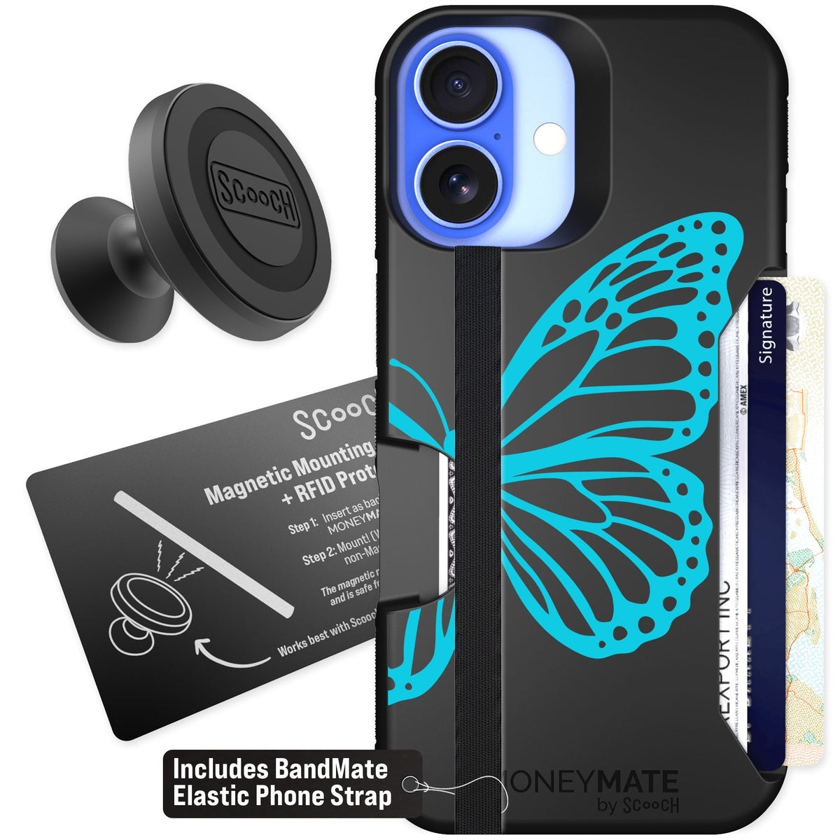 Scooch Moneymate Azure Butterfly for iPhone 16 — Starter Bundle