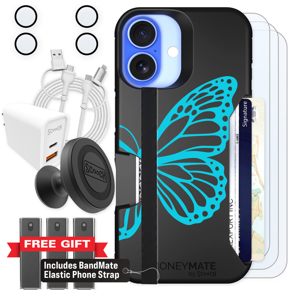 Scooch Moneymate Azure Butterfly for iPhone 16 — Ultimate Bundle