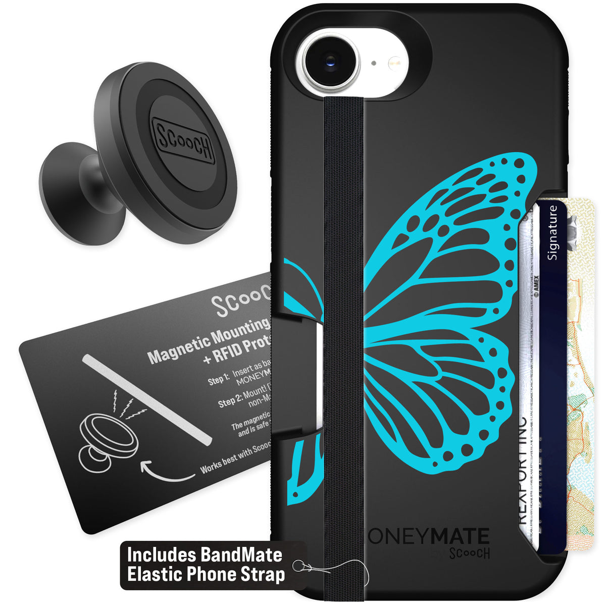 Scooch Moneymate Azure Butterfly for iPhone 16e — Starter Bundle