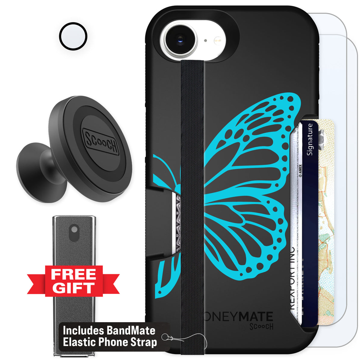 Scooch Moneymate Azure Butterfly for iPhone 16e — Defender Bundle