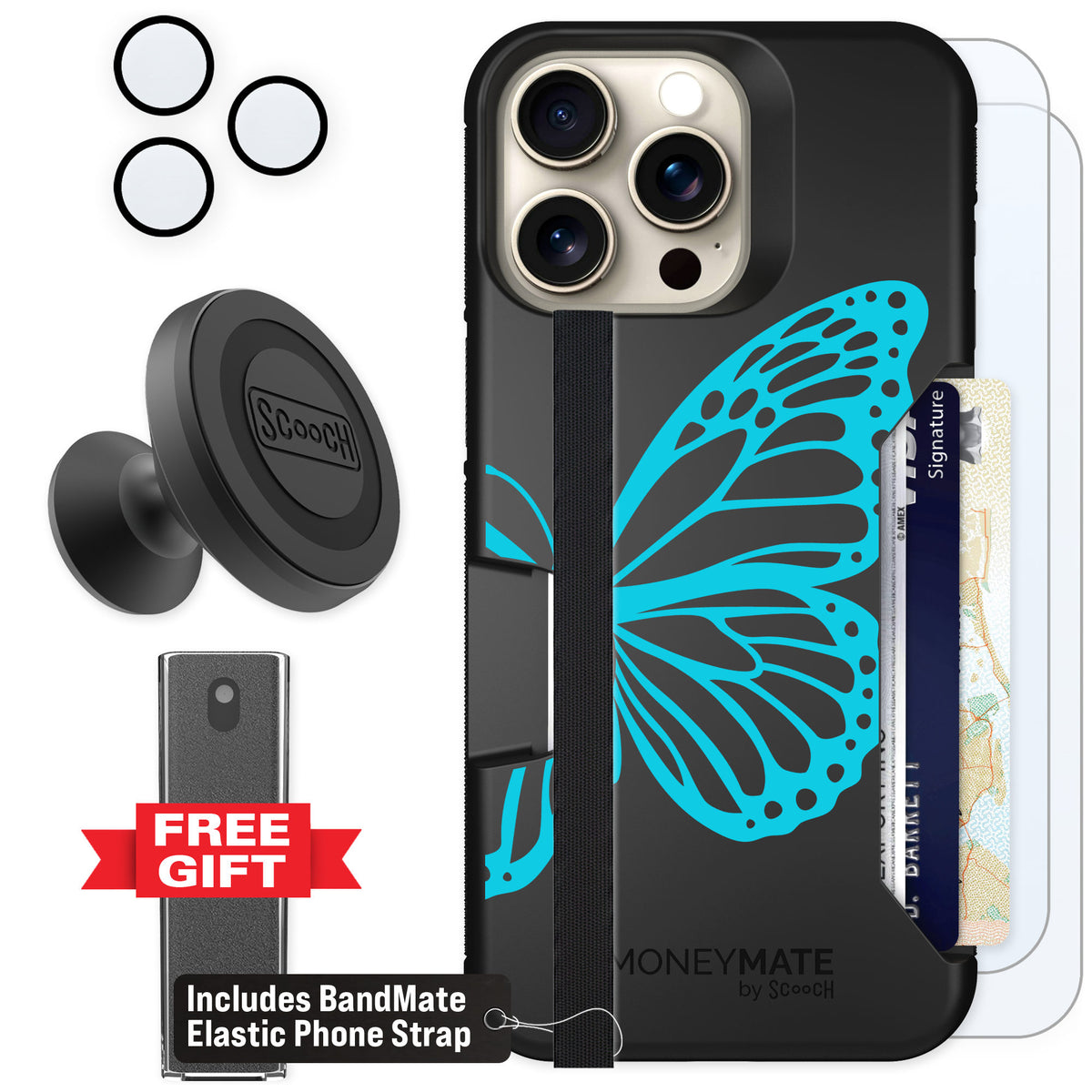 Scooch Moneymate Azure Butterfly for iPhone 15 Pro Max — Defender Bundle