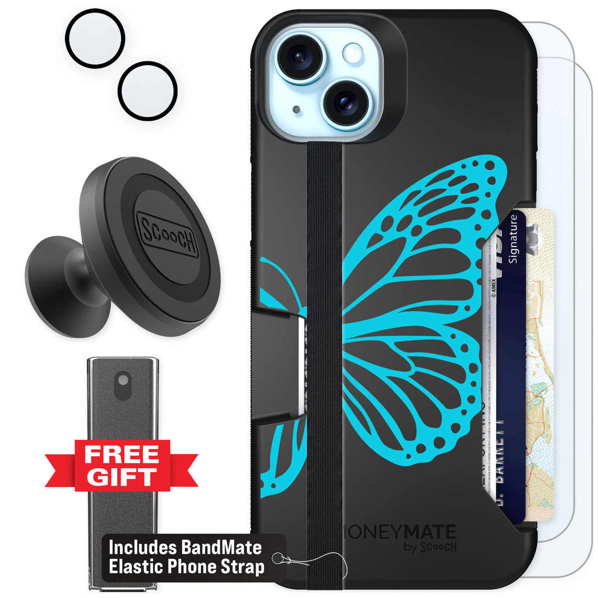 Scooch Moneymate Azure Butterfly for iPhone 15 Plus — Defender Bundle