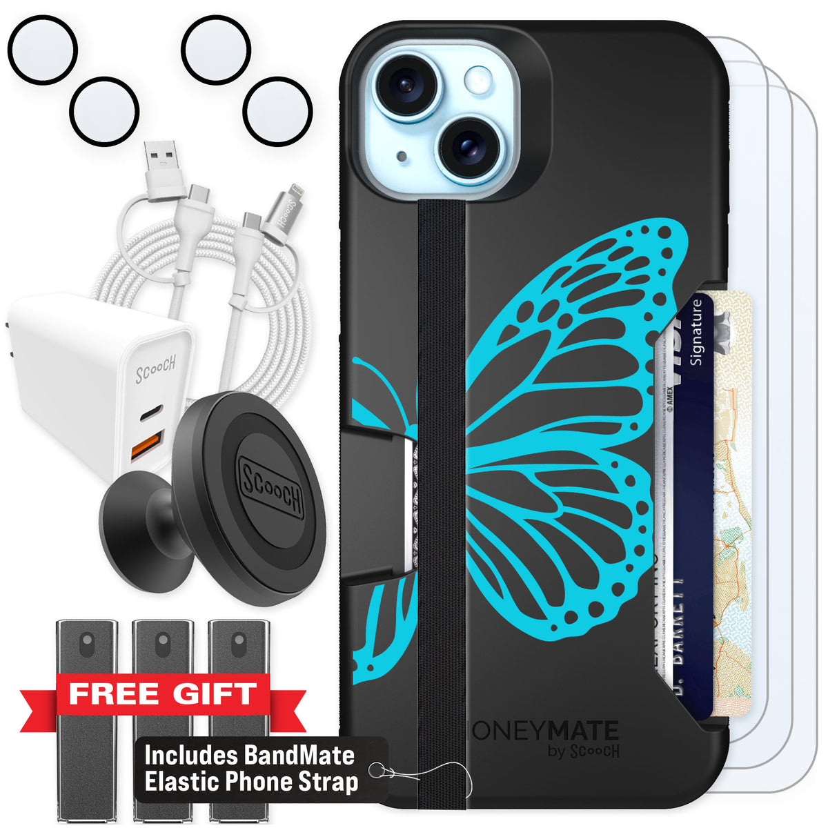 Scooch Moneymate Azure Butterfly for iPhone 15 Plus — Ultimate Bundle