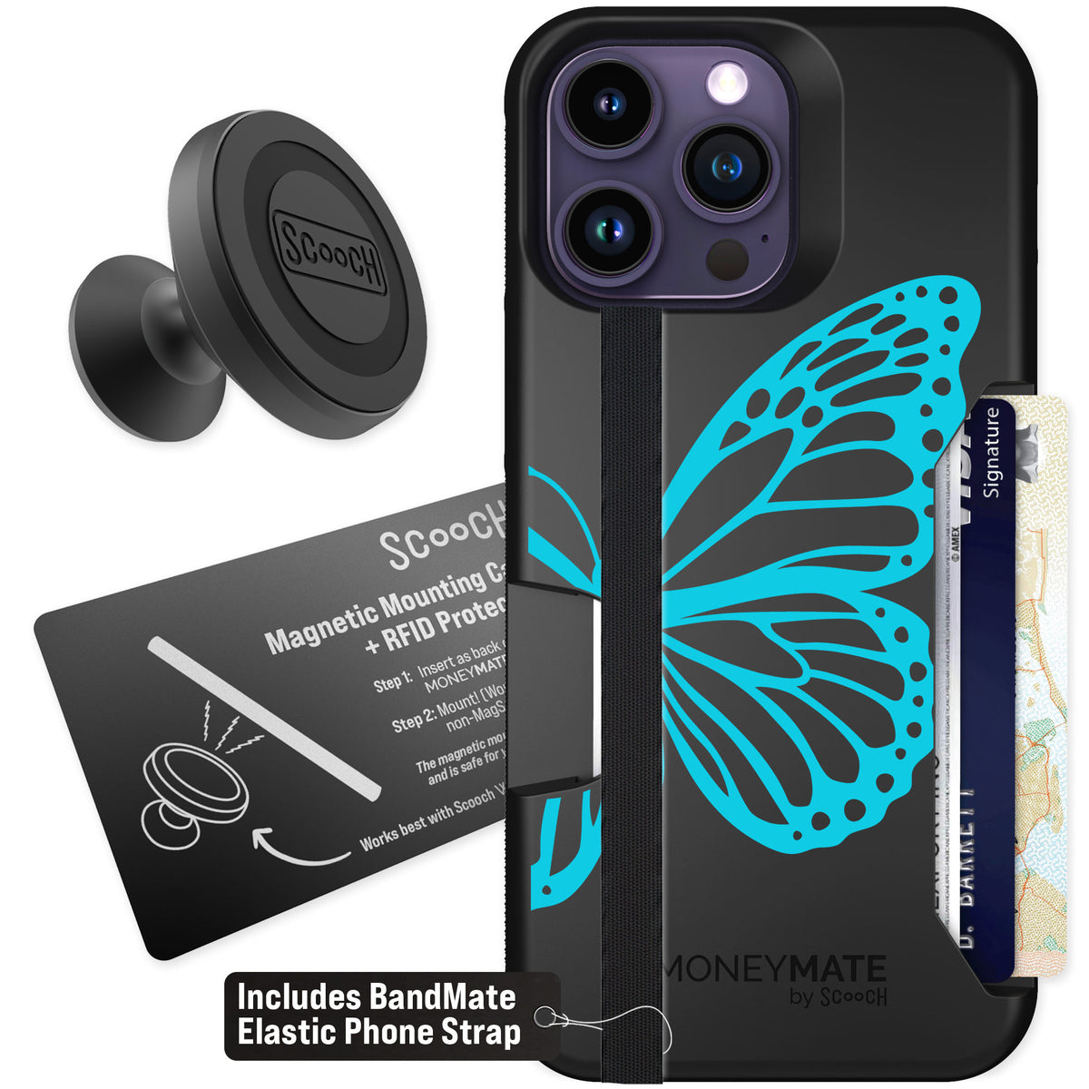 Scooch Moneymate Azure Butterfly for iPhone 14 Pro Max — Starter Bundle