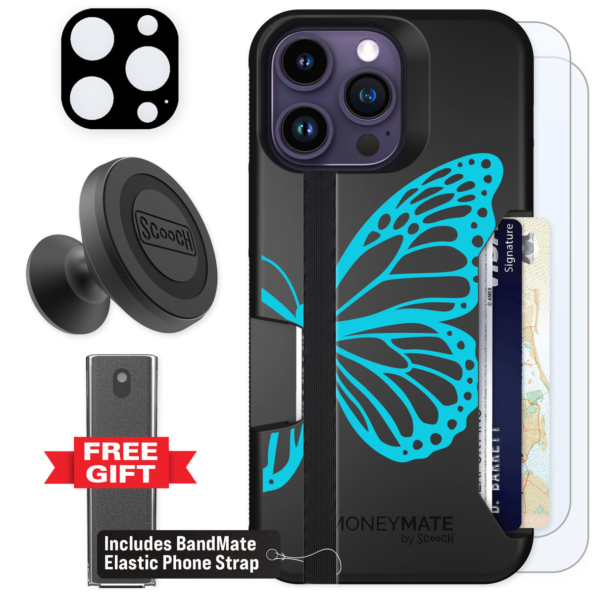 Scooch Moneymate Azure Butterfly for iPhone 14 Pro Max — Defender Bundle