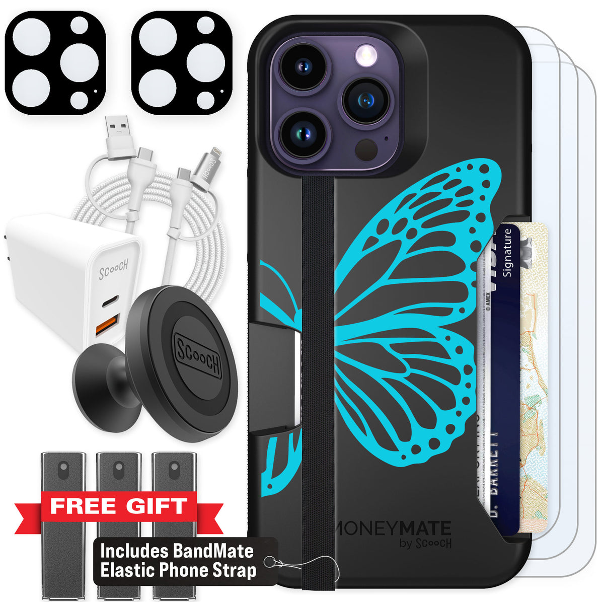 Scooch Moneymate Azure Butterfly for iPhone 14 Pro Max — Ultimate Bundle