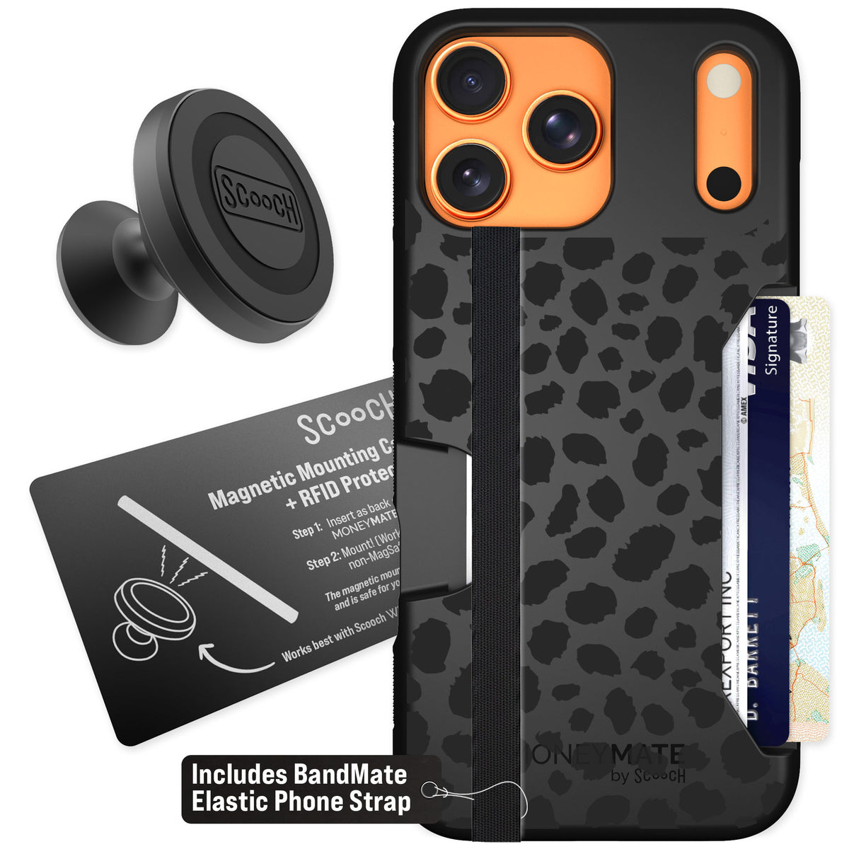Scooch Moneymate Black Leopard for iPhone 17 Pro Max — Starter Bundle