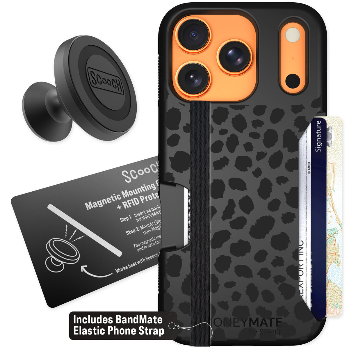Scooch Moneymate Black Leopard for iPhone 17 Pro — Starter Bundle
