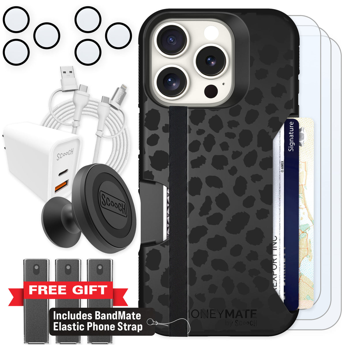 Scooch Moneymate Black Leopard for iPhone 16 Pro — Ultimate Bundle