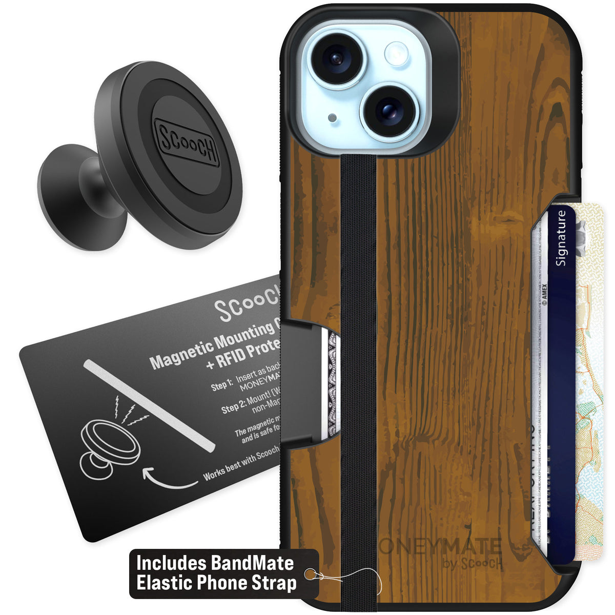 Scooch Moneymate Wood Grain for iPhone 14 — Starter Bundle