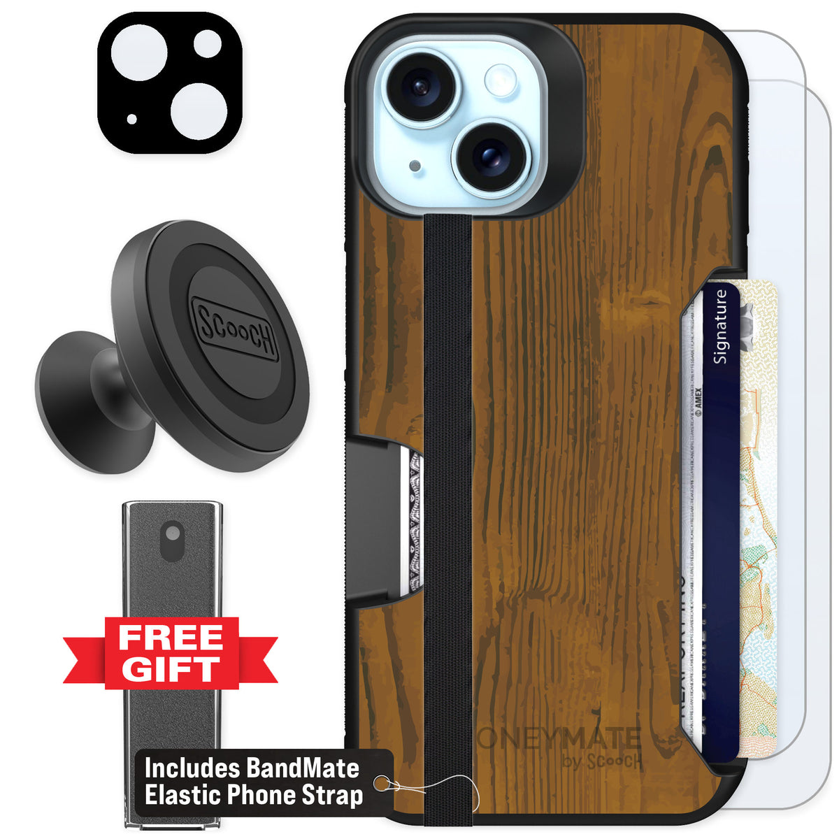 Scooch Moneymate Wood Grain for iPhone 13 — Defender Bundle