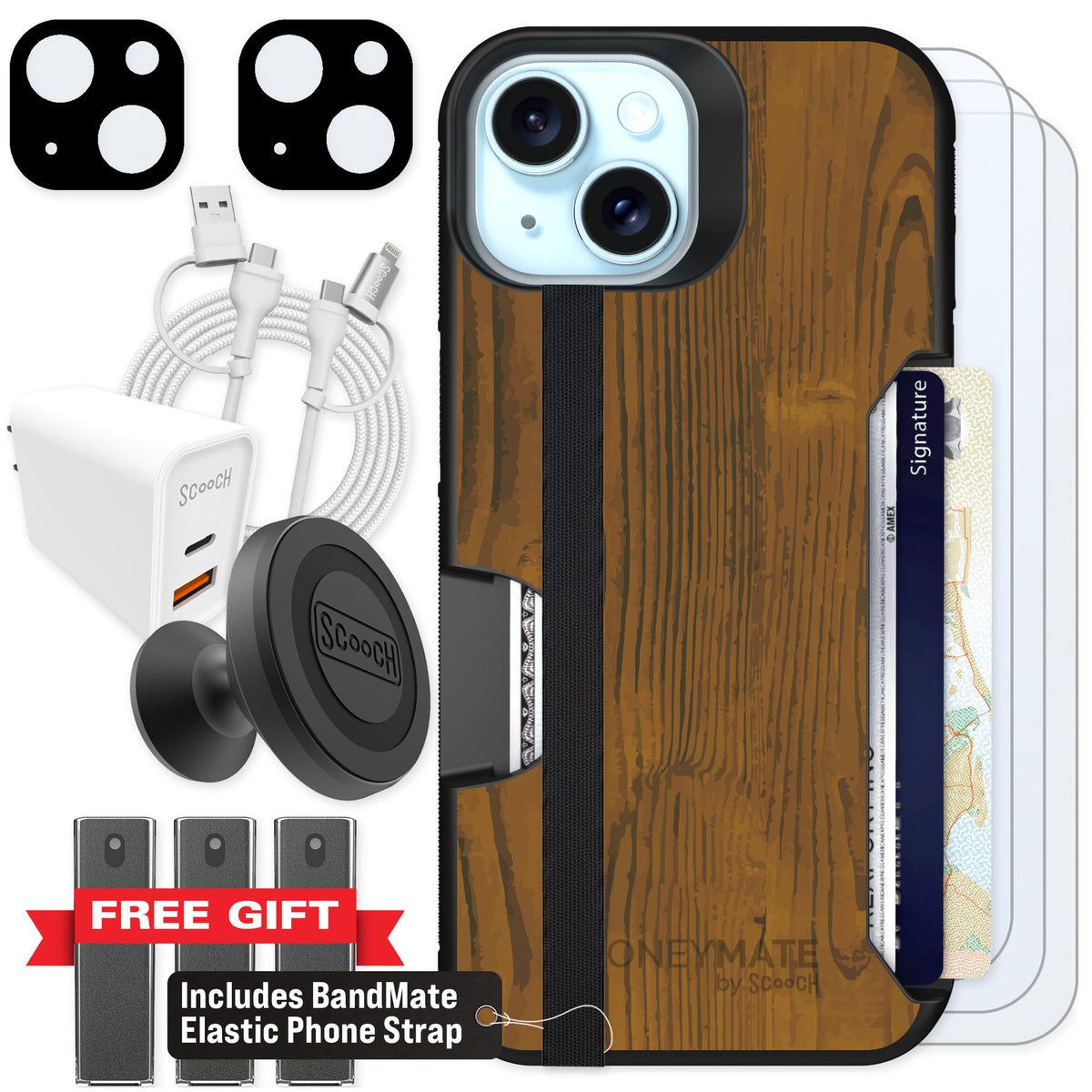 Scooch Moneymate Wood Grain for iPhone 13 — Ultimate Bundle