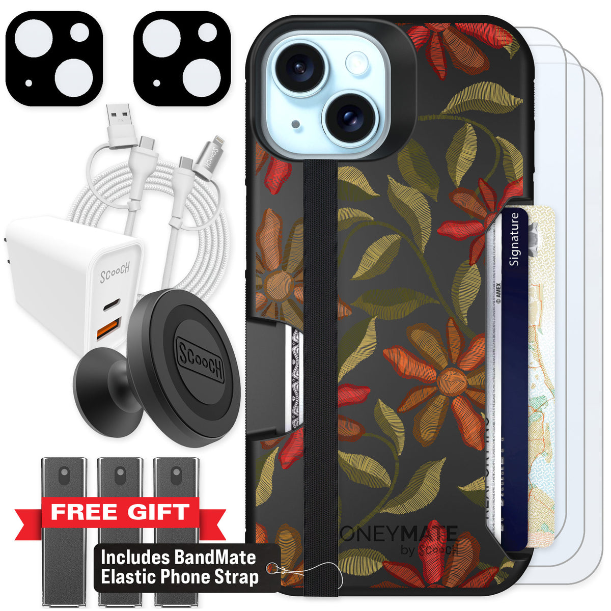 Scooch Moneymate Floral Tapestry for iPhone 14 — Ultimate Bundle