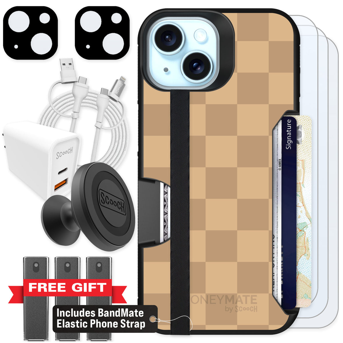 Scooch Moneymate Checkered Beige for iPhone 14 — Ultimate Bundle