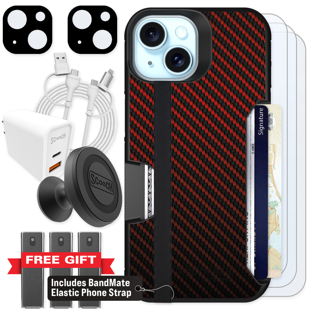 Scooch Moneymate Red Carbon Fiber for iPhone 14 — Ultimate Bundle