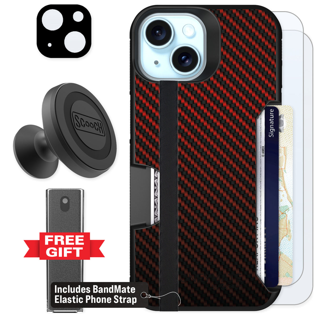 Scooch Moneymate Red Carbon Fiber for iPhone 13 — Defender Bundle