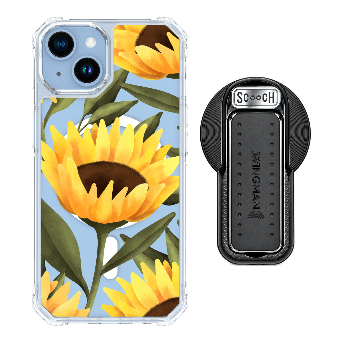 Scooch MagCase Blooming Sunflowers for iPhone 14 — MagSafe Wingback Bundle - Black