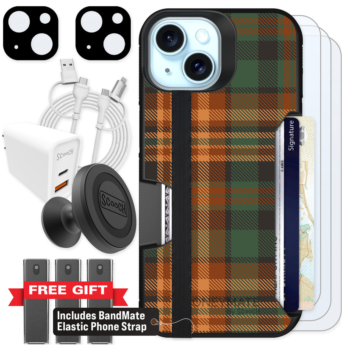 Scooch Moneymate Fall Flannel for iPhone 14 — Ultimate Bundle