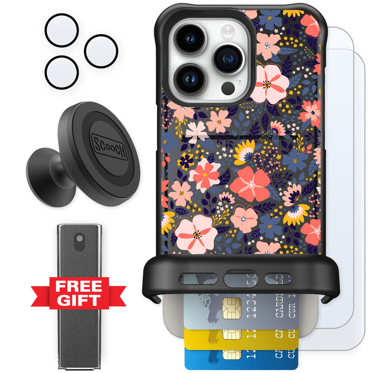 Scooch Wingmate Wildflowers for iPhone 15 Pro Max — Defender Bundle