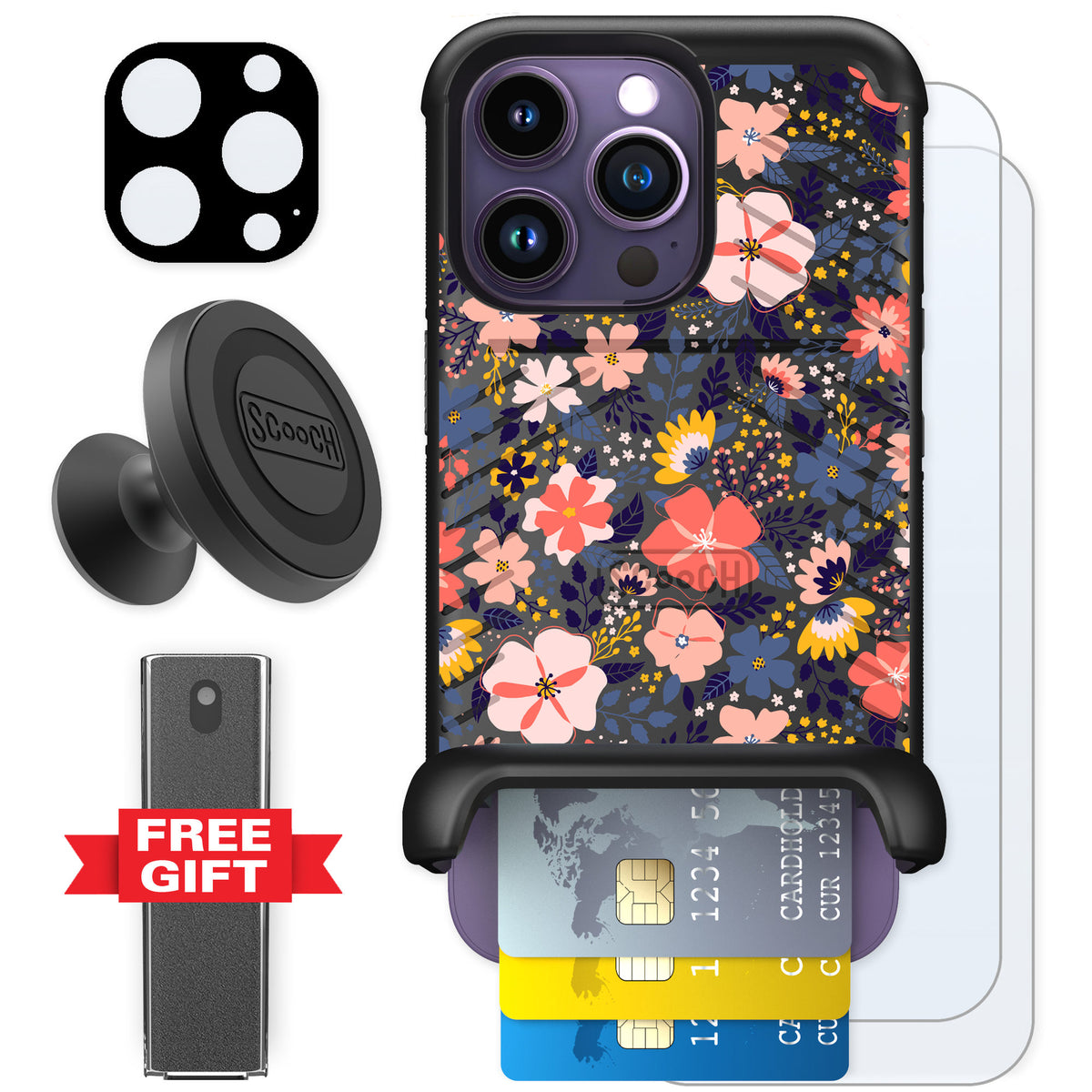 Scooch Wingmate Wildflowers for iPhone 14 Pro — Defender Bundle