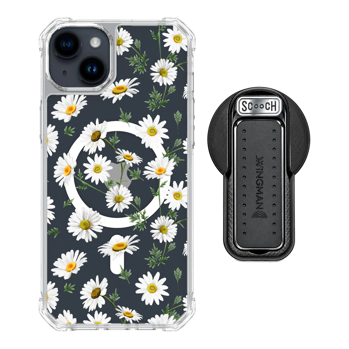 Scooch MagCase Daisies for iPhone 15 Plus — MagSafe Wingback Bundle - Black