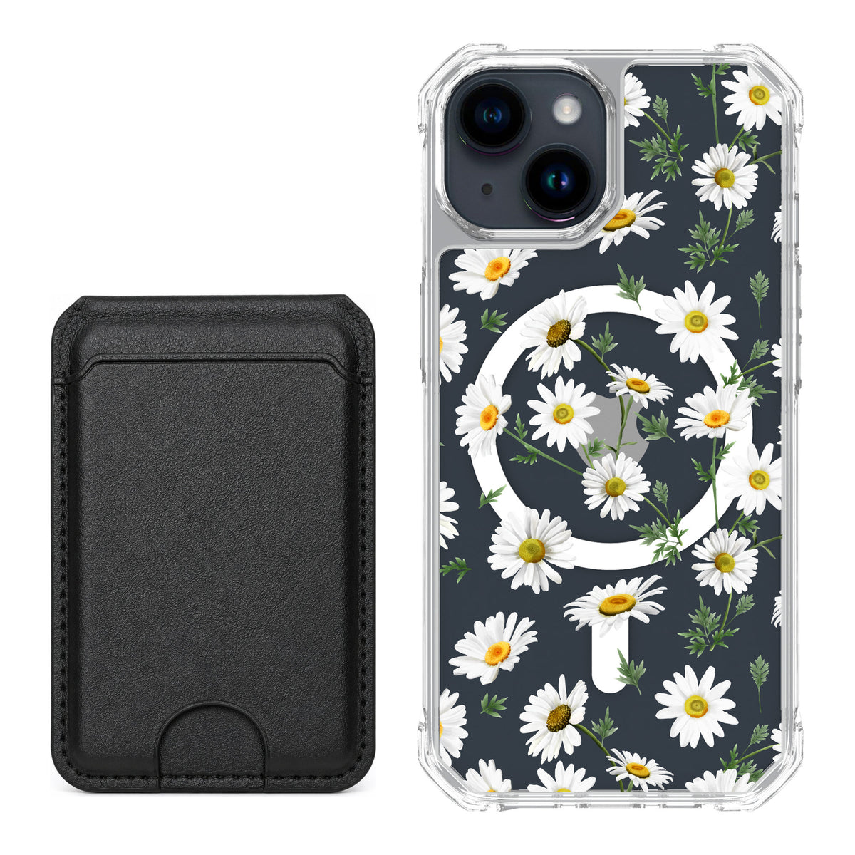 Scooch MagCase Daisies for iPhone 15 — Black MagWallet Bundle