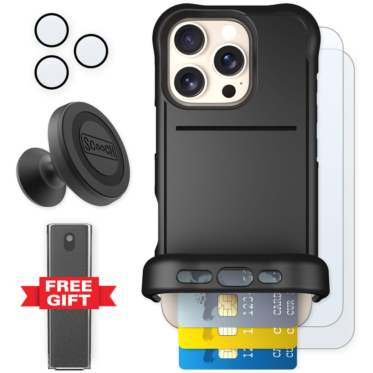 Scooch Wingmate Black for iPhone 16 Pro — Defender Bundle