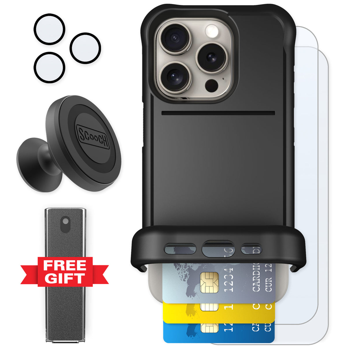 Scooch Wingmate Black for iPhone 15 Pro — Defender Bundle