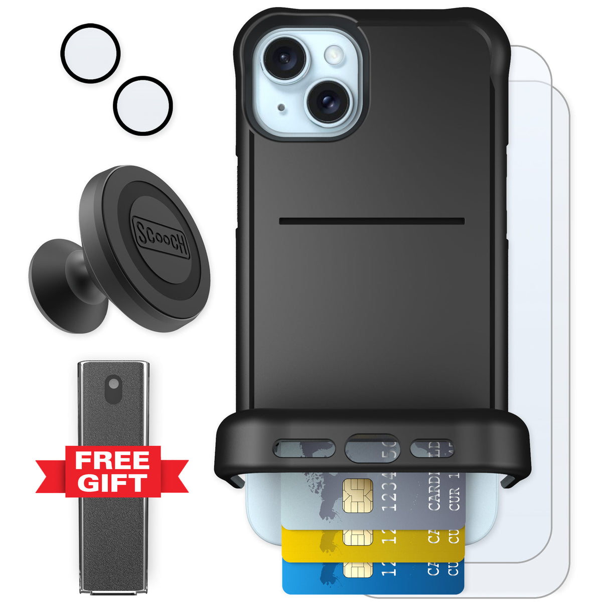 Scooch Wingmate Black for iPhone 15 Plus — Defender Bundle