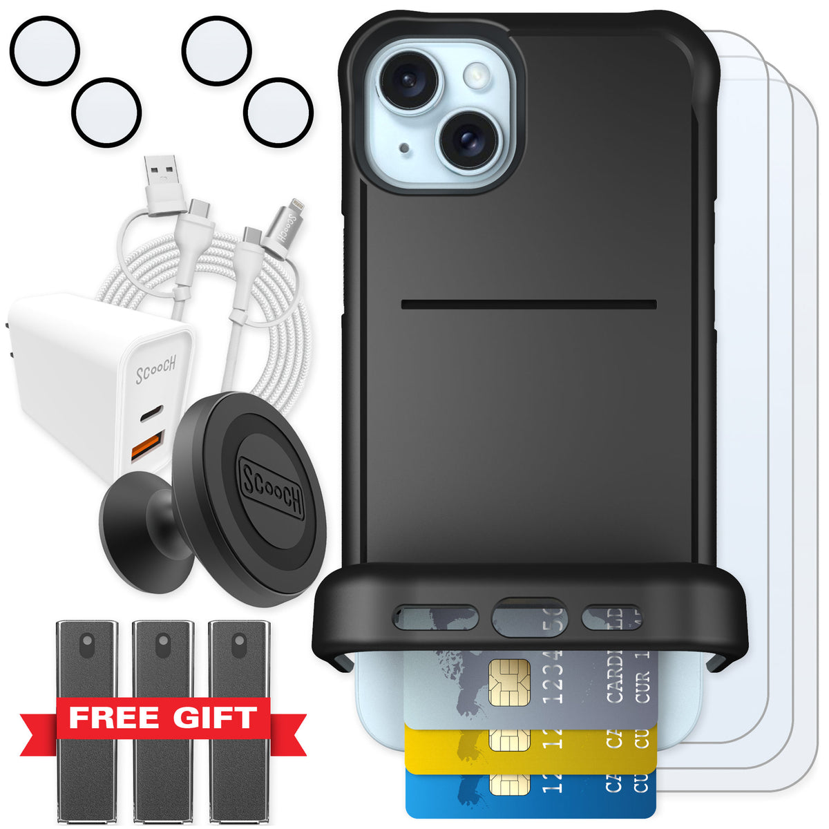 Scooch Wingmate Black for iPhone 15 Plus — Ultimate Bundle