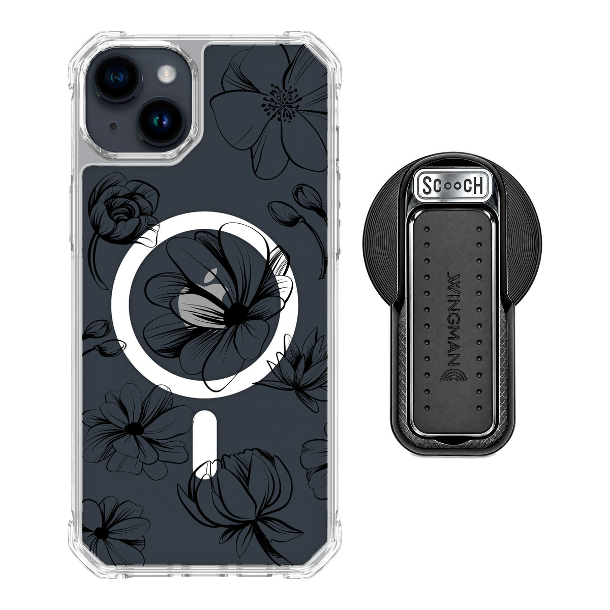 Scooch MagCase Vintage Flowers for iPhone 14 Plus — MagSafe Wingback Bundle - Black
