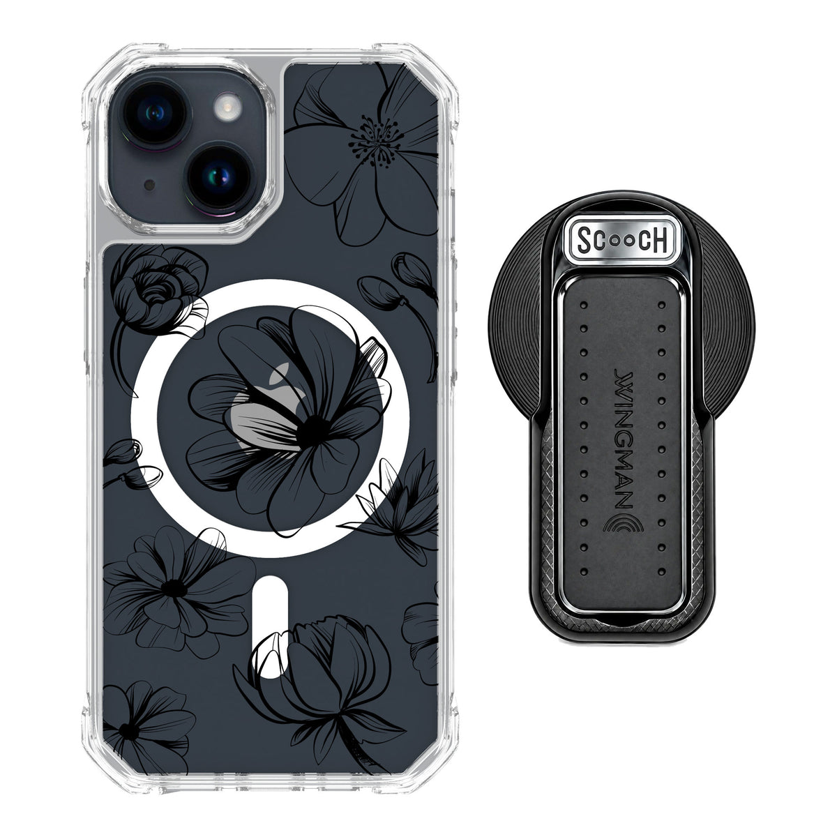 Scooch MagCase Vintage Flowers for iPhone 15 — MagSafe Wingback Bundle - Black