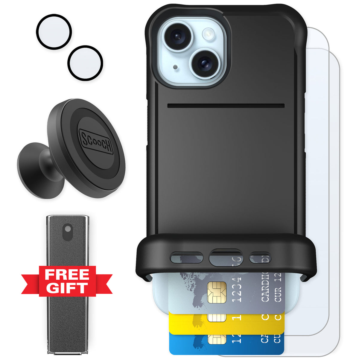 Scooch Wingmate Black for iPhone 15 — Defender Bundle