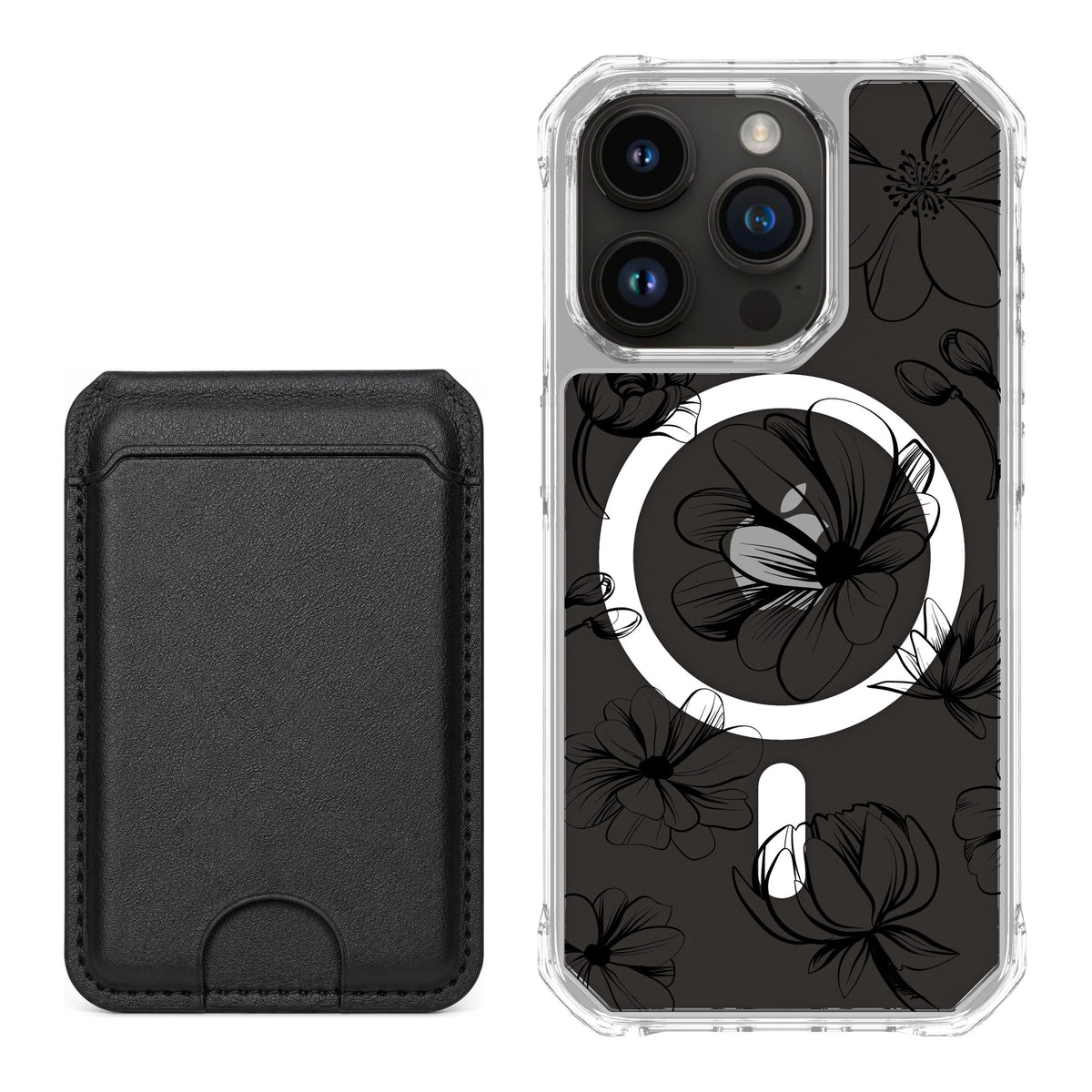 Scooch MagCase Vintage Flowers for iPhone 15 Pro — Black MagWallet Bundle