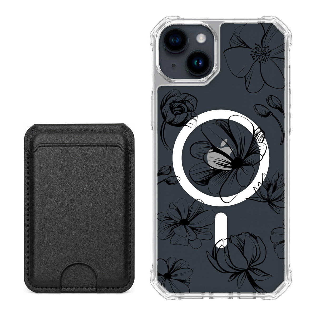 Scooch MagCase Vintage Flowers for iPhone 15 Plus — Black MagWallet Bundle