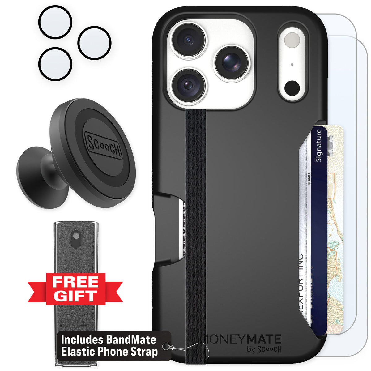 Scooch Moneymate Black for iPhone 18 Pro — Defender Bundle