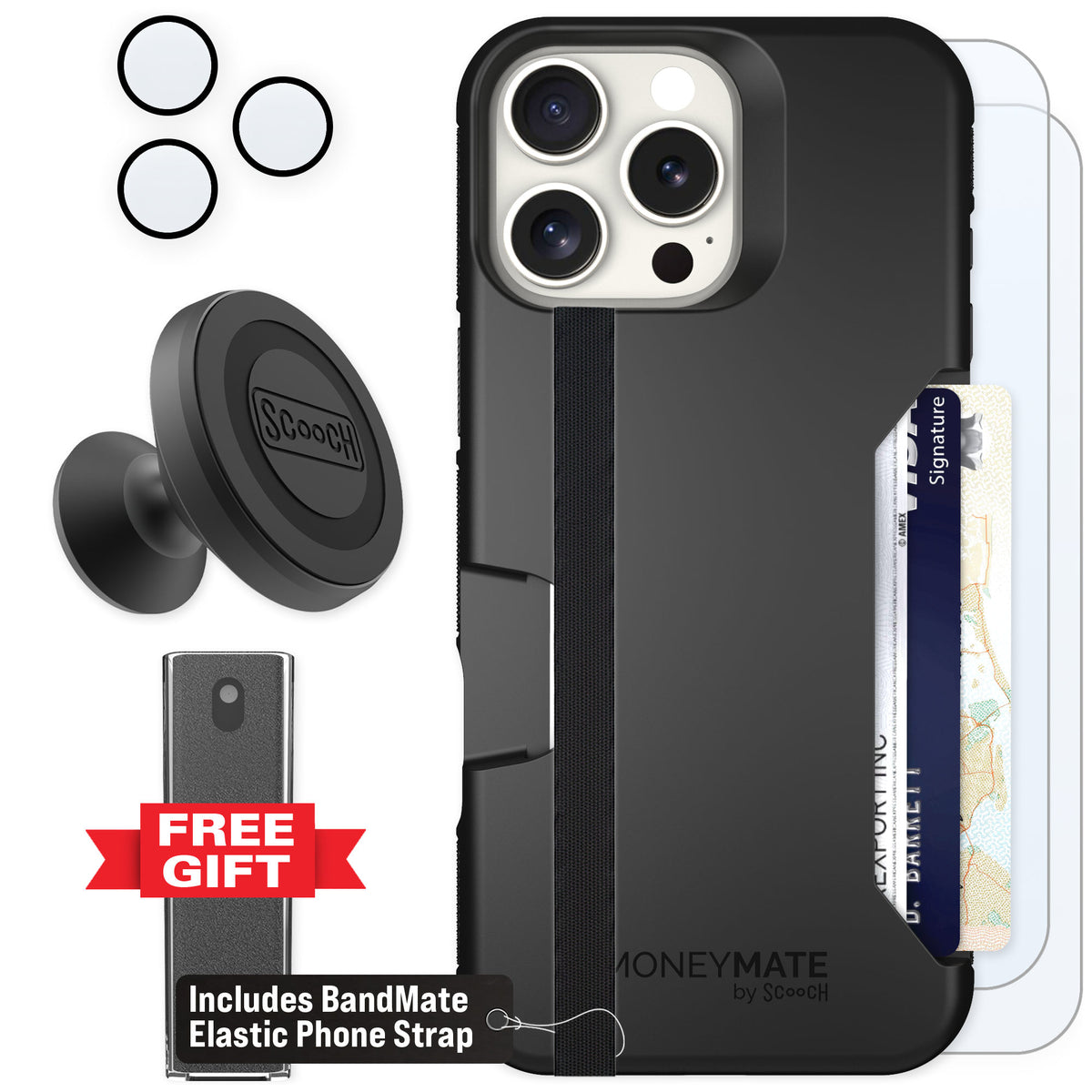 Scooch Moneymate Black for iPhone 16 Pro Max — Defender Bundle
