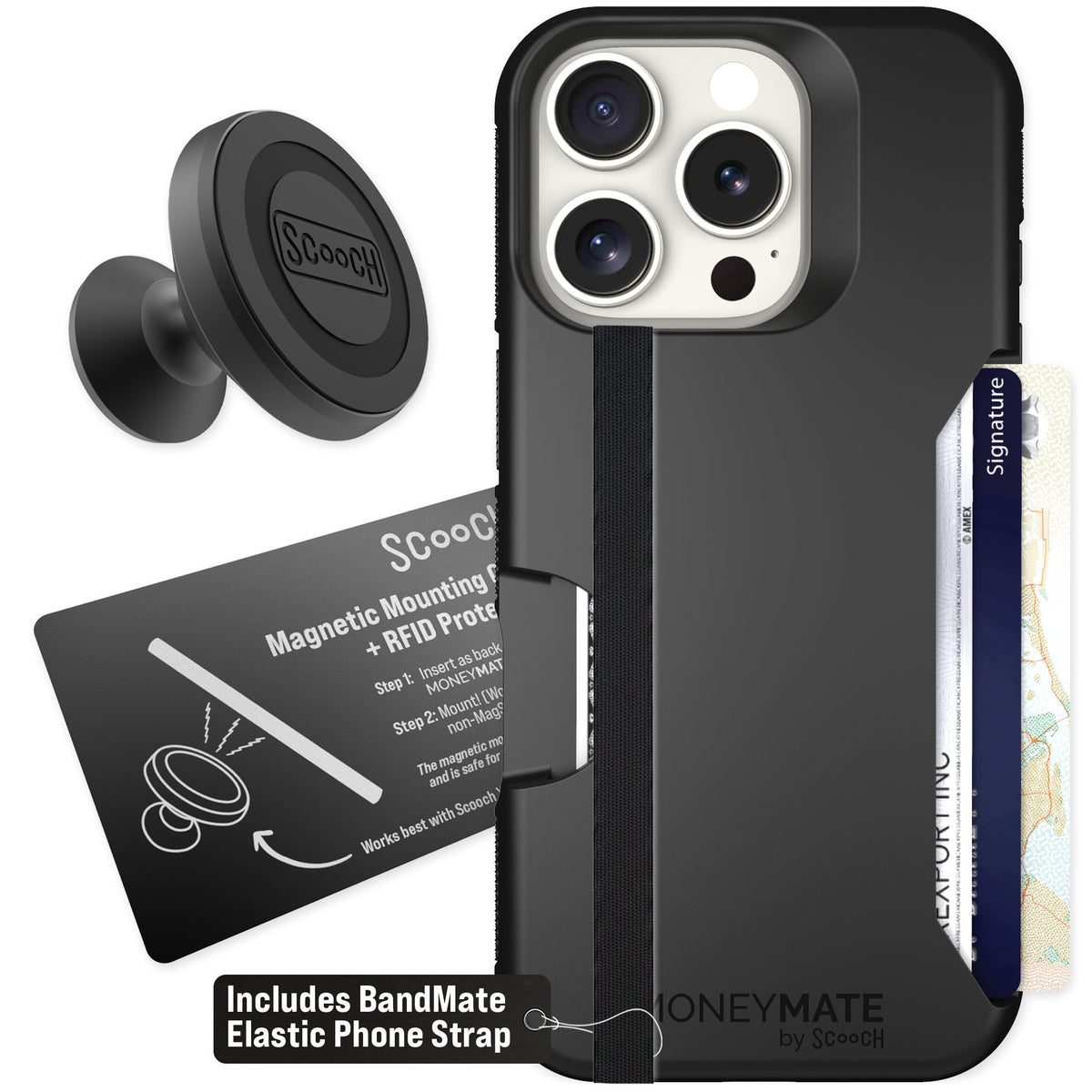 Scooch Moneymate Black for iPhone 16 Pro — Starter Bundle