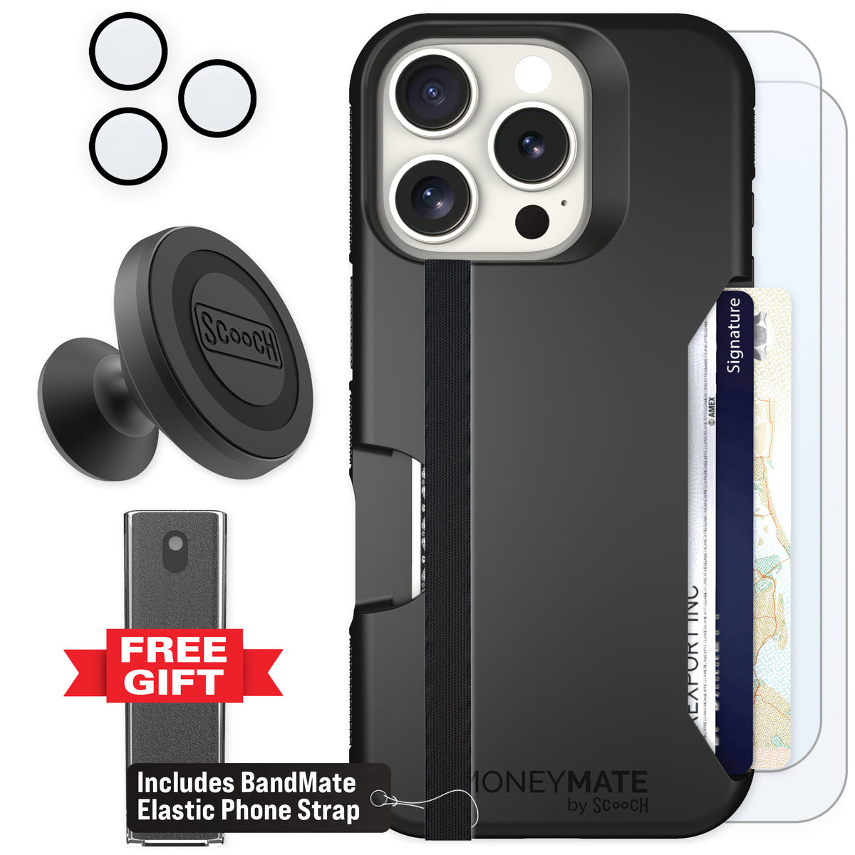 Scooch Moneymate Black for iPhone 16 Pro — Defender Bundle