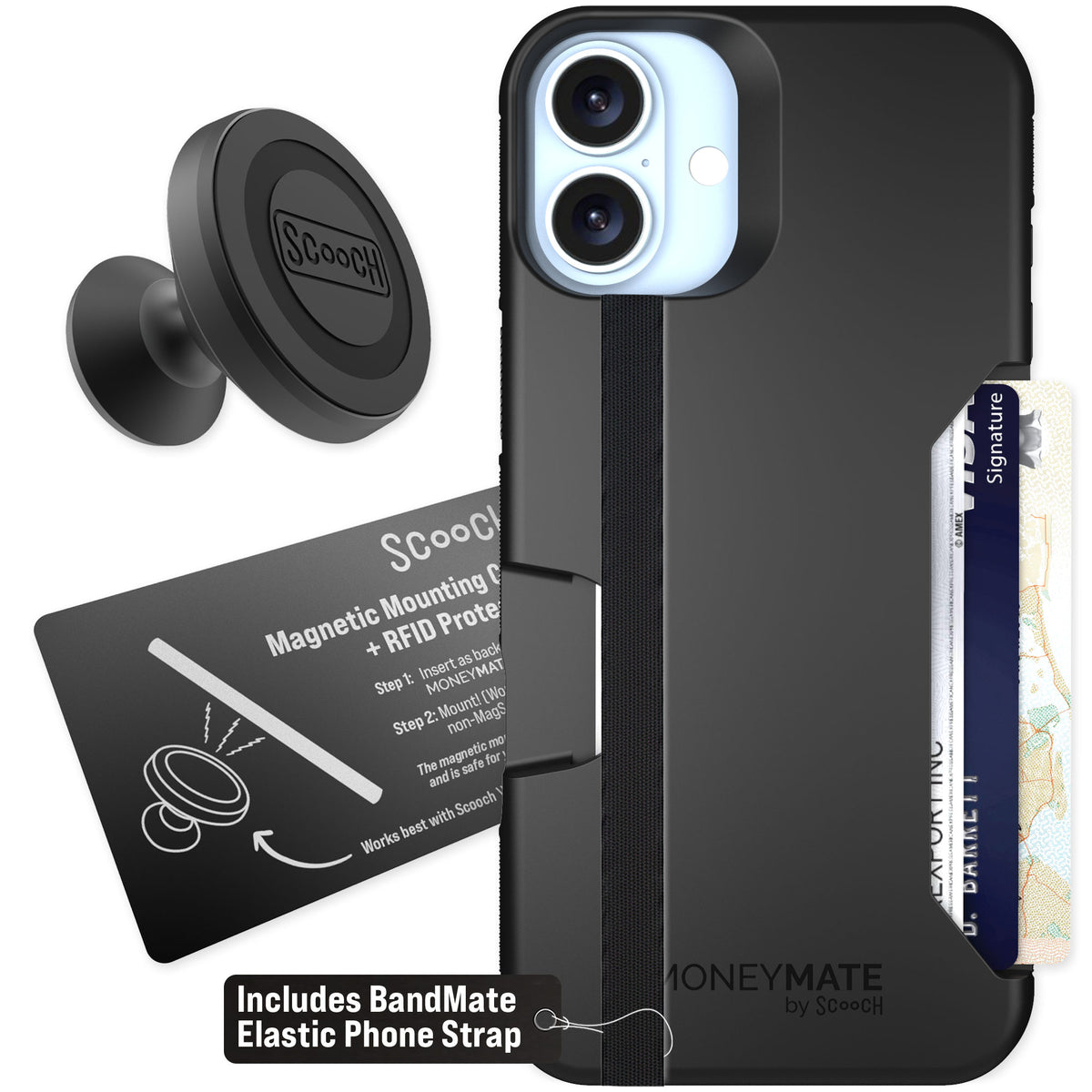 Scooch Moneymate Black for iPhone 16 Plus — Starter Bundle