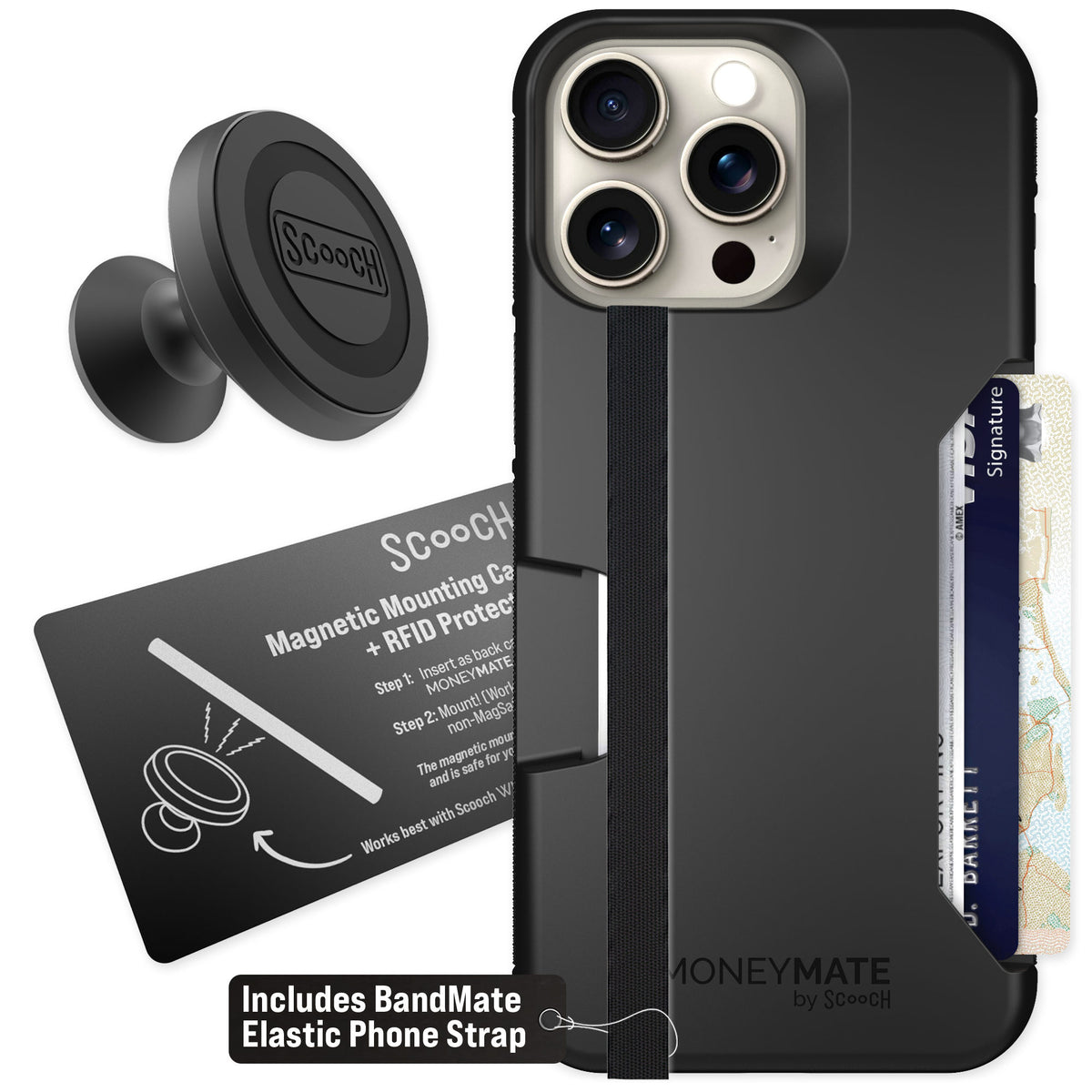 Scooch Moneymate Black for iPhone 15 Pro Max — Starter Bundle
